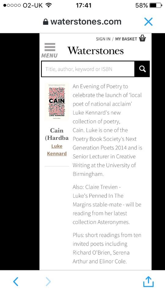 A screenshot of a webpage, from the Waterstones website, advertising an event for 'Cain, by Luke Kennard'.