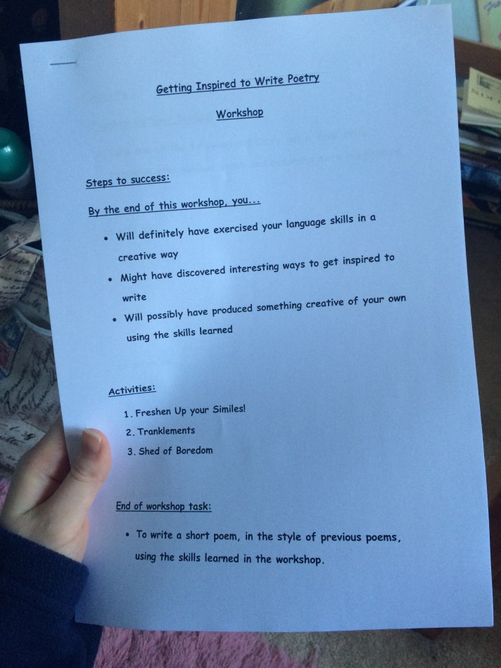 A worksheet typed in comic sans font, titled 'Getting Inspired to Write Poetry Workshop'. The page includes learning objectives, a list of activities, and a learning outcome.