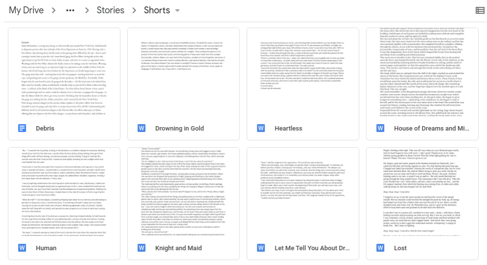 A screenshot of files in a Google Drive, with the names of my early short stories.